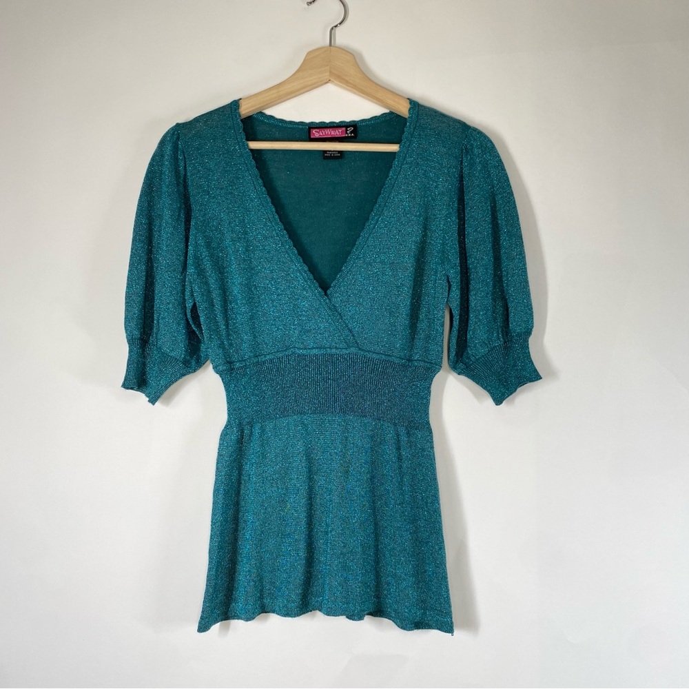 Womens Y2K Babydoll Green Sparkly Knit V-Neck Peplum Top Size L Night Out